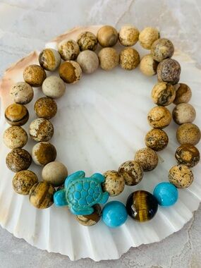 Natural Jasper Stone Beaded Stretch Bracelets with Turquoise Turtle Accent